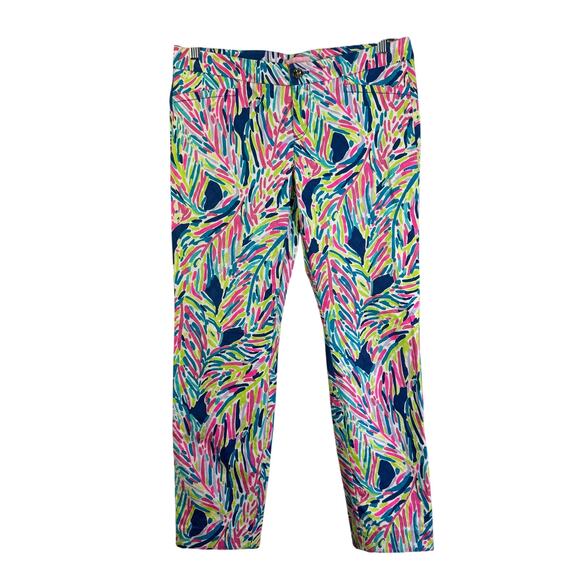LILLY PULITZER Pants 8 Kelly Textured Ankle Length Skinny Indigo Palm Reader - Picture 1 of 13